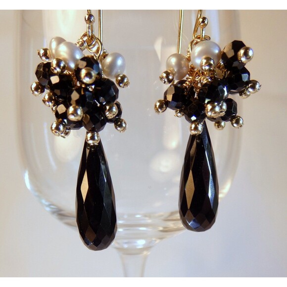 Black Spinel - White Fresh Water Pearl Gold Beaded Earrings - Picture 1 of 6